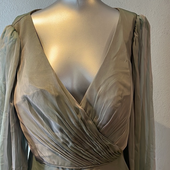 Mac Duggal SHEER BLOUSON SLEEVE SURPLICE GOWN Sage 67873 - Picture 10 of 17